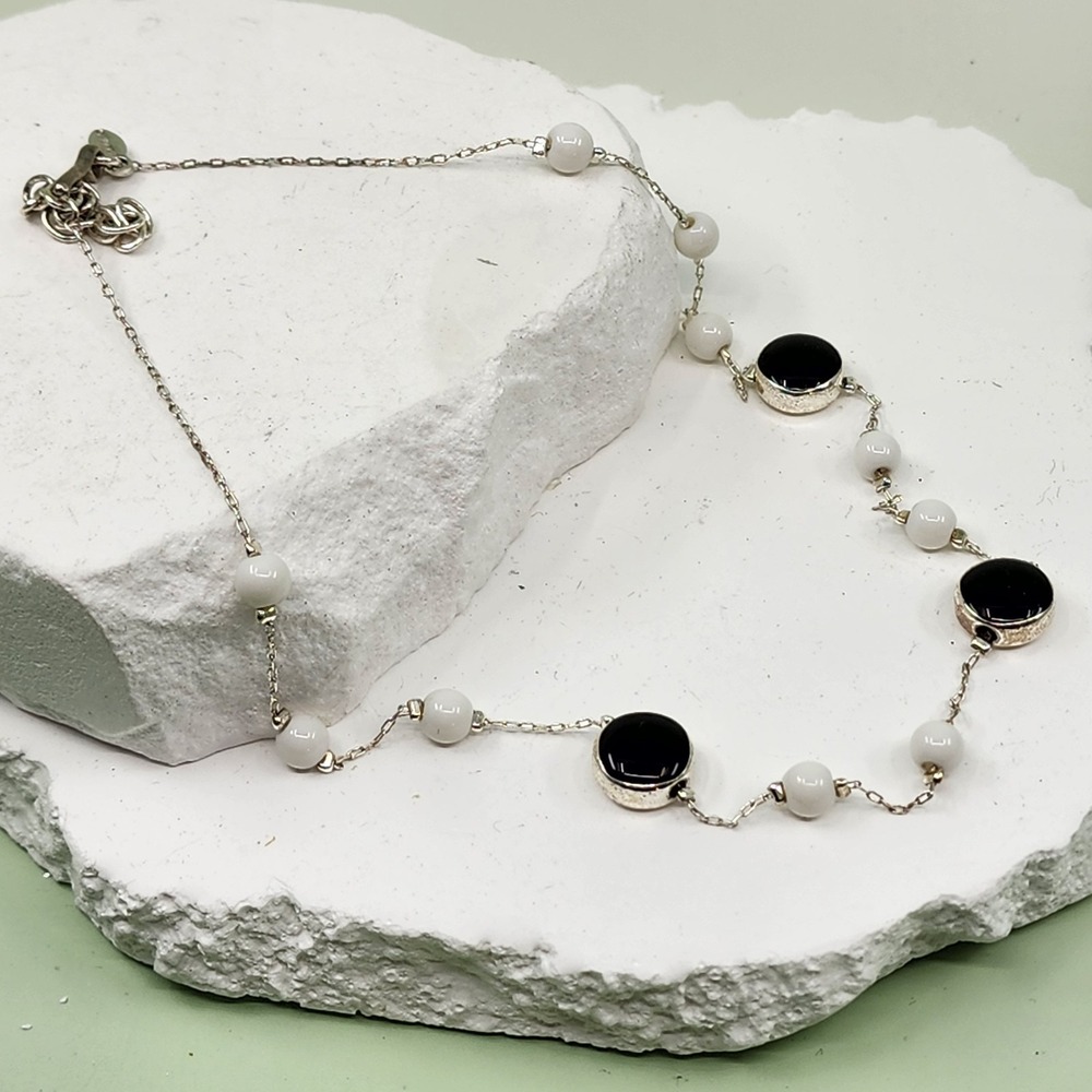 Monet Silver Tone Black Cabochon White Bead Station Necklace Geometric Modernist